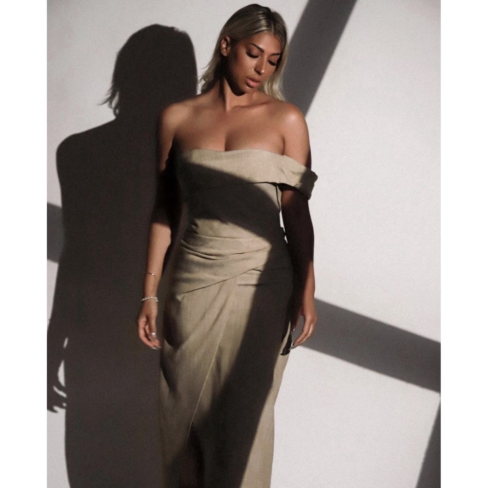 Zara Asymmetric Pencil Dress Slip Midi Camel Taupe Beige Size XS Linen Feel - Picture 4 of 14
